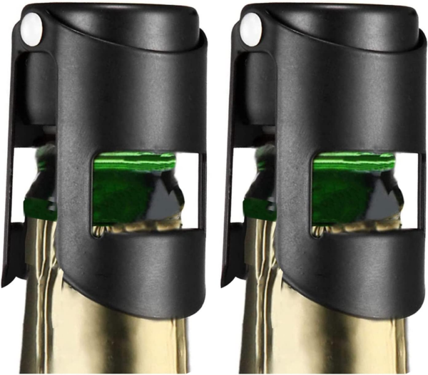 Champagne Stoppers 2Pack - Stainless Steel Sparkling Wine Bottle Stopper with Pure Silicone Air Tight Seal - Professional Wine Saver for Champagne，Prosecco and Cava (Black)