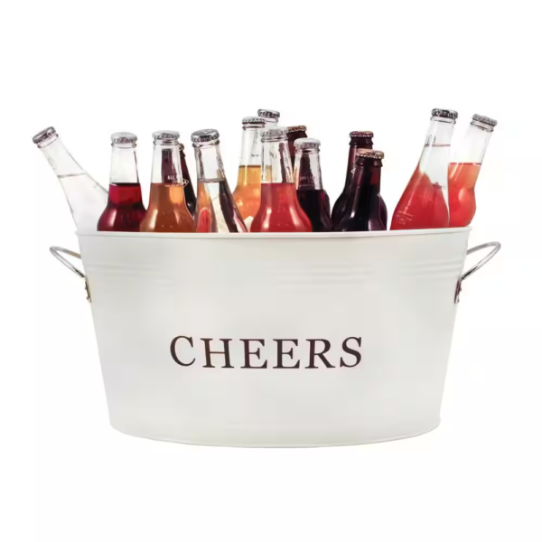 6.3 Gal. Cream Rustic Farmhouse Decor Ice Bucket and Galvanized Cheers Tub