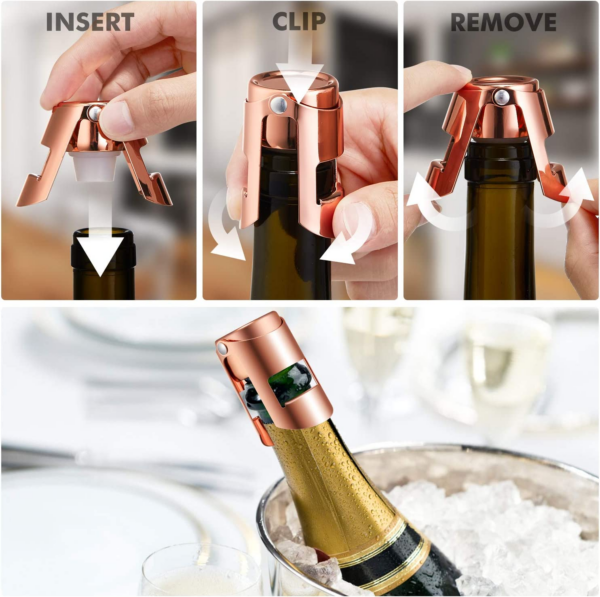 Champagne Stoppers - Stainless Steel Sparkling Wine Bottle Stopper with Pure Silicone Air Tight Seal - Professional Wine Saver for Champagne，Prosecco and Cava (2Pack Rose Gold) - Image 5