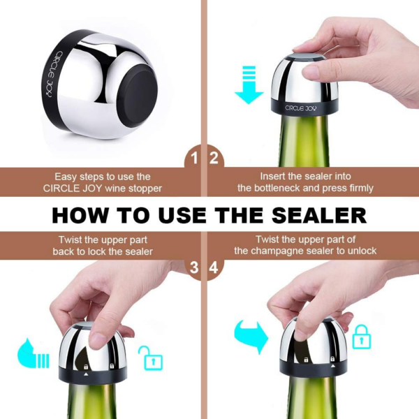 Wine Stopper- Champagne Preserver, Air Tight Sparkling Wine Saver, Bollinger Prosecco Cava Bottle Fizz Sealer, Reusable Vino Cap, Cork Replacement, Prolong Wine Fresh - Image 2