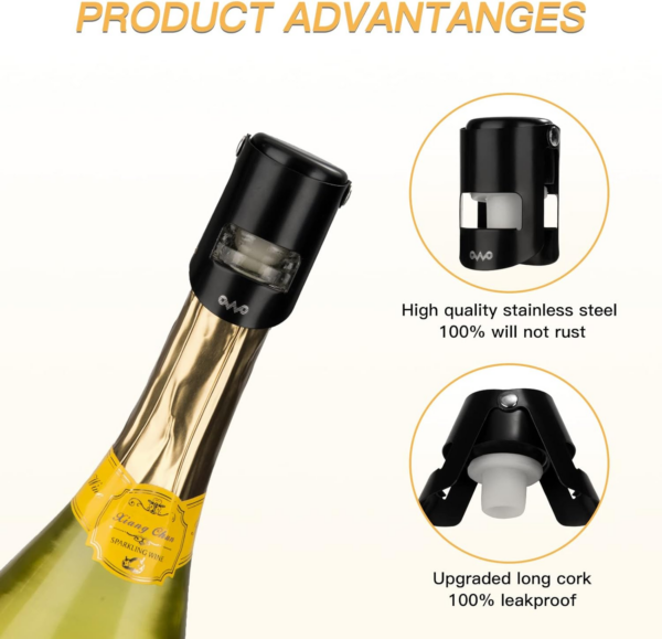 Champagne Stopper with Stainless Steel, Professional Bottle Sealer for Champagne, Cava, Prosecco & Sparkling Wine, Champagne Saver Plug, Compact Champagne Bottle Plug - Image 2