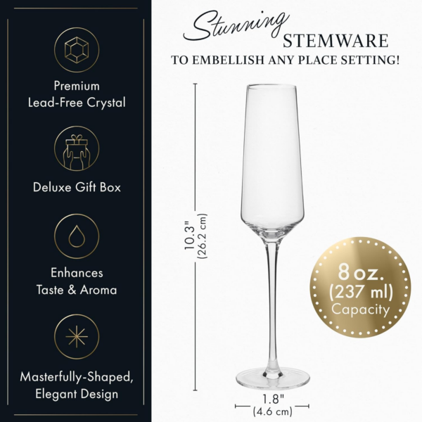 Classy Champagne Flutes - Hand Blown Crystal Champagne Glasses - Set of 4 Elegant Flutes - Gift for Wedding, Anniversary, Christmas - 8Oz, Clear - Image 3