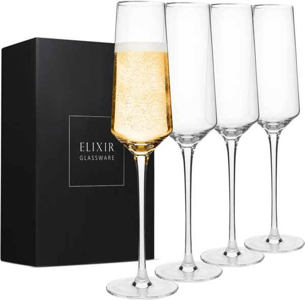 Classy Champagne Flutes - Hand Blown Crystal Champagne Glasses - Set of 4 Elegant Flutes - Gift for Wedding, Anniversary, Christmas - 8Oz, Clear