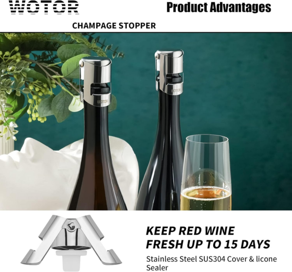 Champagne Stoppers with Stainless Steel Champagne Saver with Food Grade Silicone Leak Proof Keep Fresh Suitable for Champagne, Cava, Prosecco and Sparkling（2Pack Silver） - Image 3