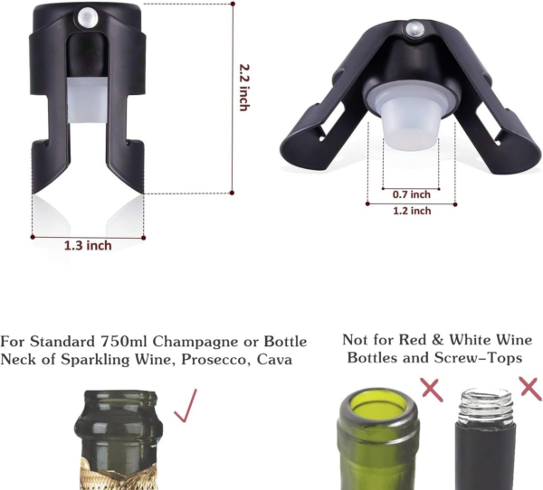 Champagne Stoppers 2Pack - Stainless Steel Sparkling Wine Bottle Stopper with Pure Silicone Air Tight Seal - Professional Wine Saver for Champagne，Prosecco and Cava (Black) - Image 2