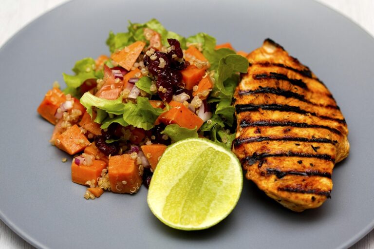 Grilled chicken quinoa salad plate for quick summer weeknight meals